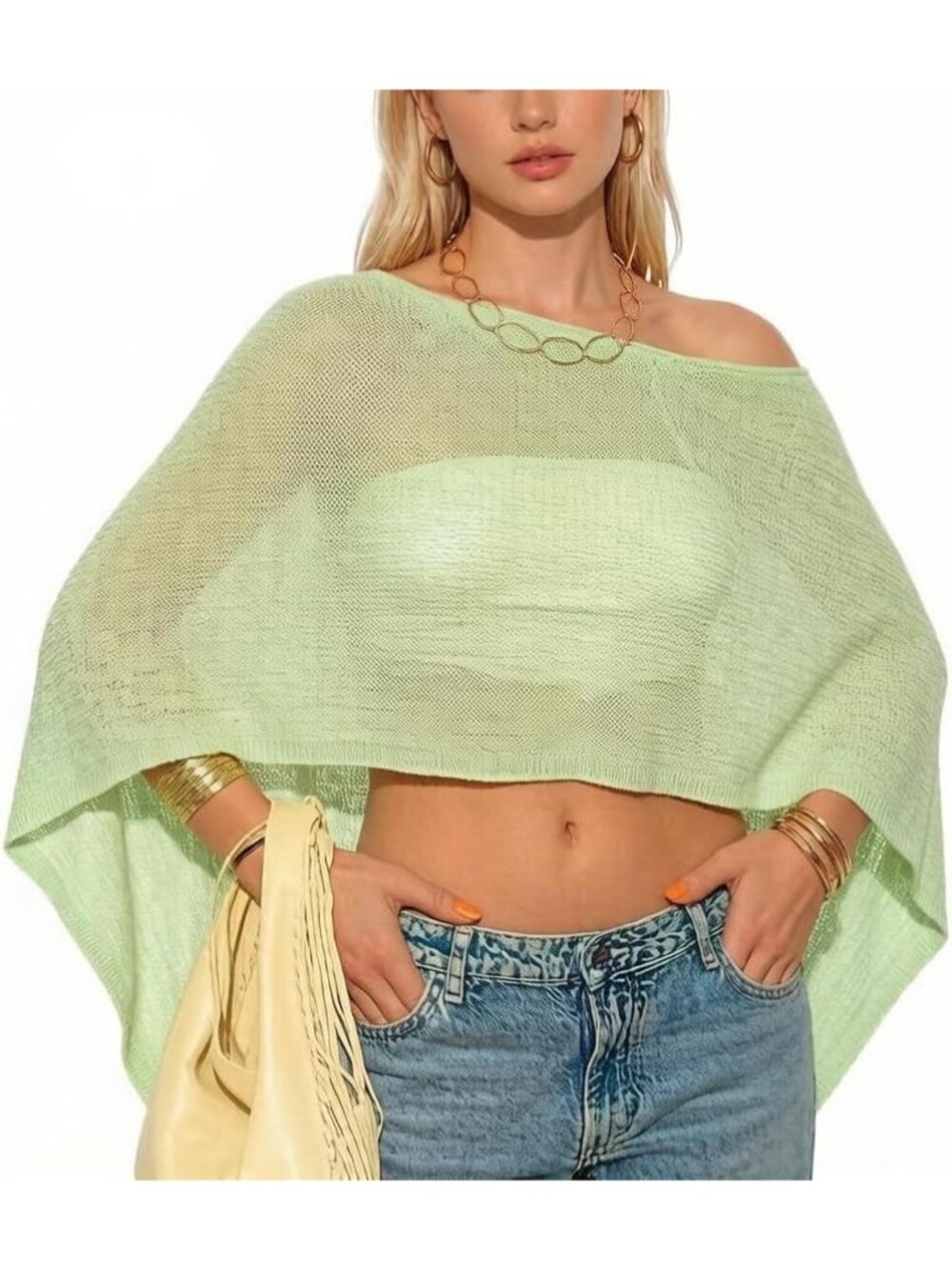 Women's Sheer Green Lightweight Knit Crochet Shrug Bolero Mesh Batwing Cover Up